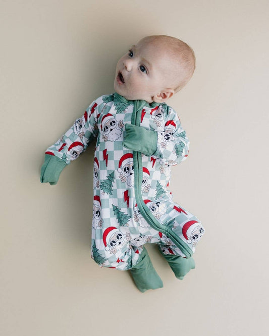 Christmas Baby Bamboo Clothing Zip Romper | Checkered Santa